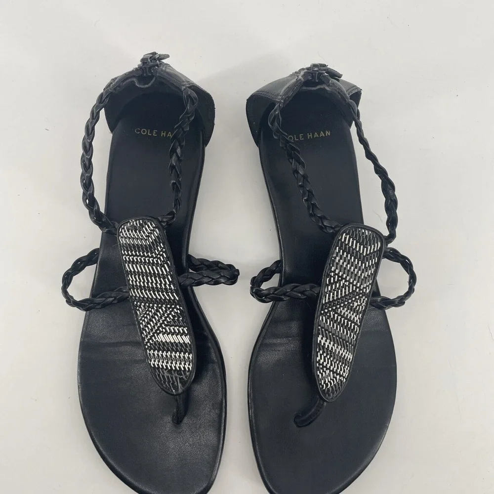 Cole Haan Thong Sandal Women's 7.5 B Black‎ Abbe Woven Braided Artsy Boho